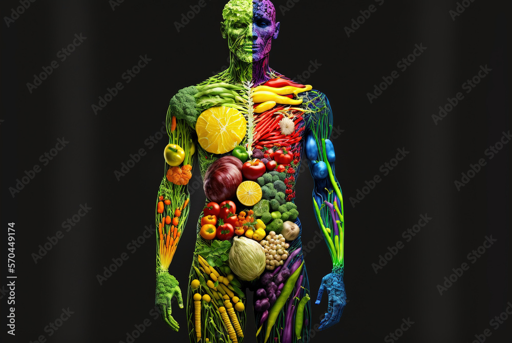 Anticancer diet, human body formed with vegetables and fruits, a 3d render. Ai generated