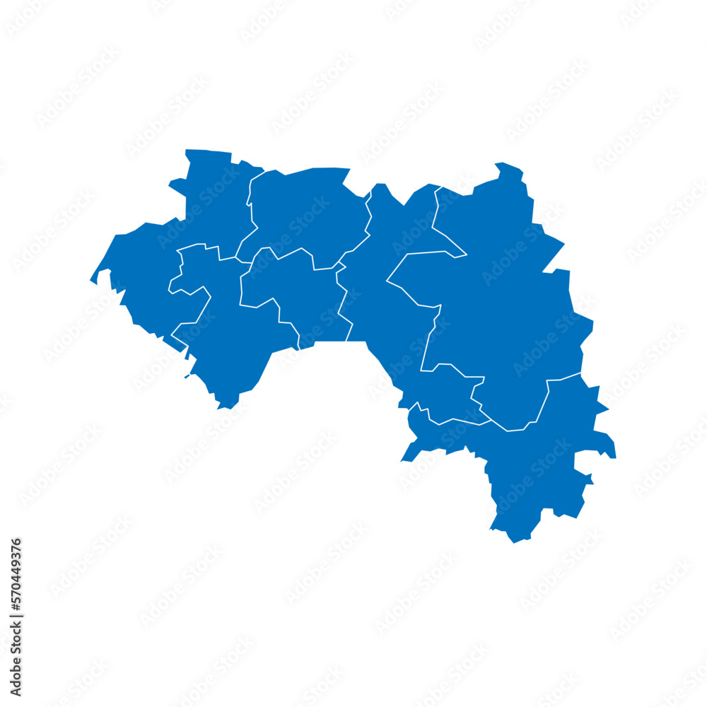 Guinea political map of administrative divisions - regions. Solid blue blank vector map with white borders.