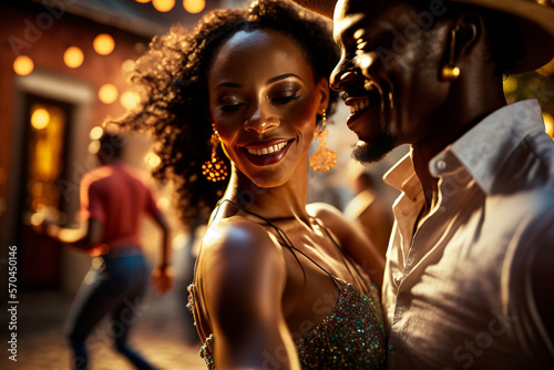 A fictional couple, dark skinned, latin couple dancing and enjoying each other at a street party at night, young, celebrating, happy, generative art, generative ai photo