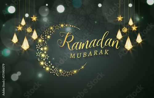 beautiful ramadan mubarak with beautiful shiny luxury islamic ornament and abstract gradient dark green background design