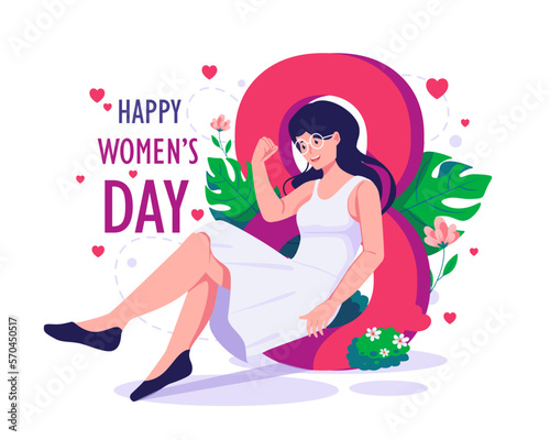 A woman wears a white dress sitting near the number eight symbol. Happy International Women's Day on 8th march illustration