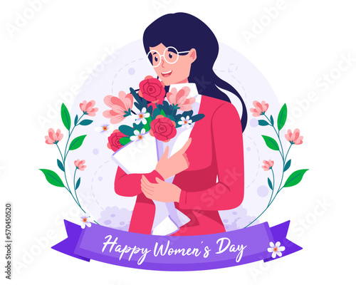A Happy woman with glasses holding a bouquet of flowers. International Women's Day concept illustration