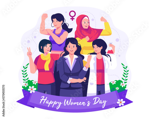 International Women's Day. Group of Happy smiling women of different ethnicity and multinational diversity. Vector illustration in flat style