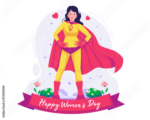 A Woman wearing a superhero costume with a cape in order to celebrate Women's Day. Feminist superhero. International Women's Day 8 March concept illustration
