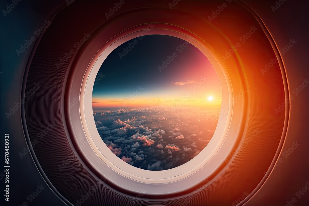 Charming aerial view of the sky from the airplane window during sunset and golden hour, on the way to vacation. AI generative