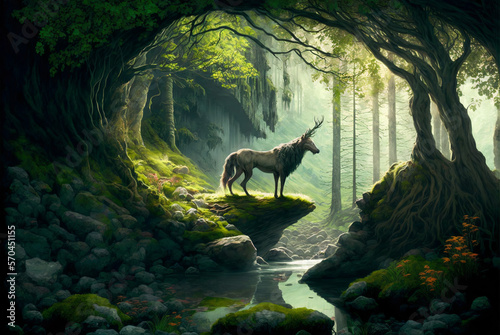 Fantasy forest with mythical beast scene AI Generative  © warpaintcobra