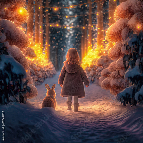 Little Girt and Her Bunny on a Snowy Winter Forest Path photo
