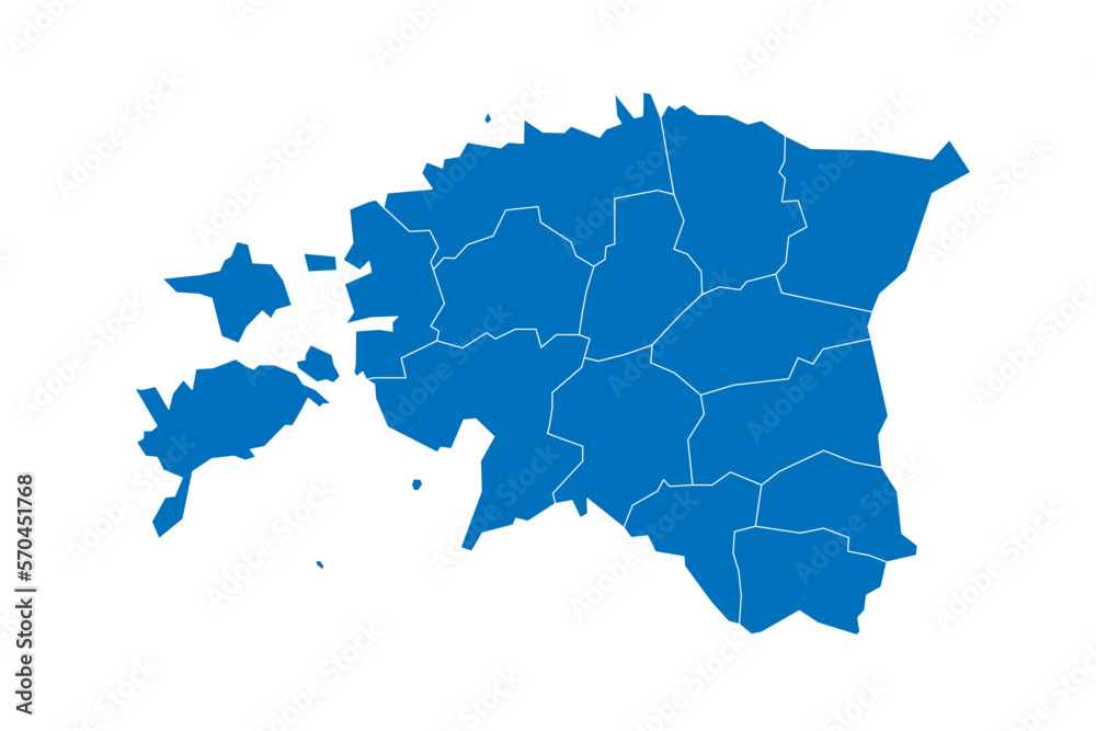 Estonia political map of administrative divisions - counties. Solid blue blank vector map with white borders.