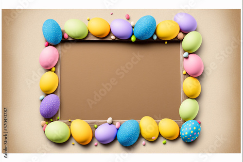 Easter Eggs Day horizontal frame, postcard kraft, with eggs, bunnies, chocolates, copy space, generative ai