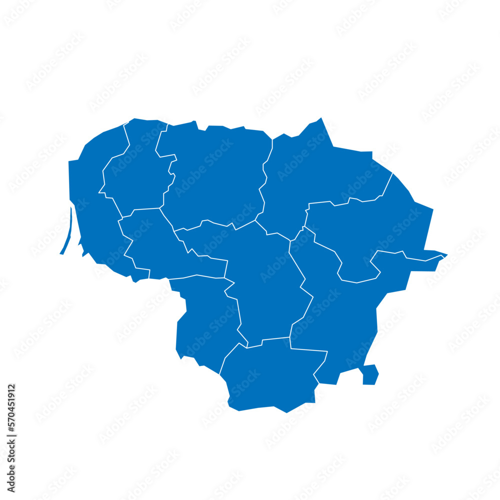 Lithuania political map of administrative divisions - counties. Solid blue blank vector map with white borders. Lithuania political map of administrative divisions - counties. Solid blue blank vector map with white borders.