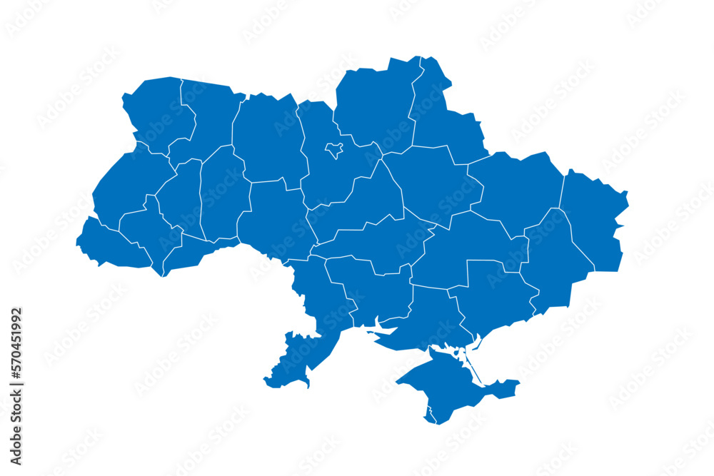 Obraz premium Ukraine political map of administrative divisions - regions, two cities with special status of Kyiv and Sevastopol, and autonomous republic of Crimea. Solid blue blank vector map with white borders.