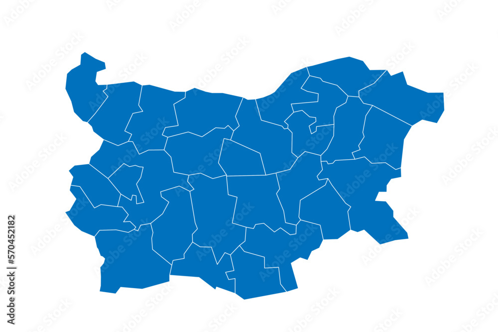 Bulgaria political map of administrative divisions - provinces and regions. Solid blue blank vector map with white borders.