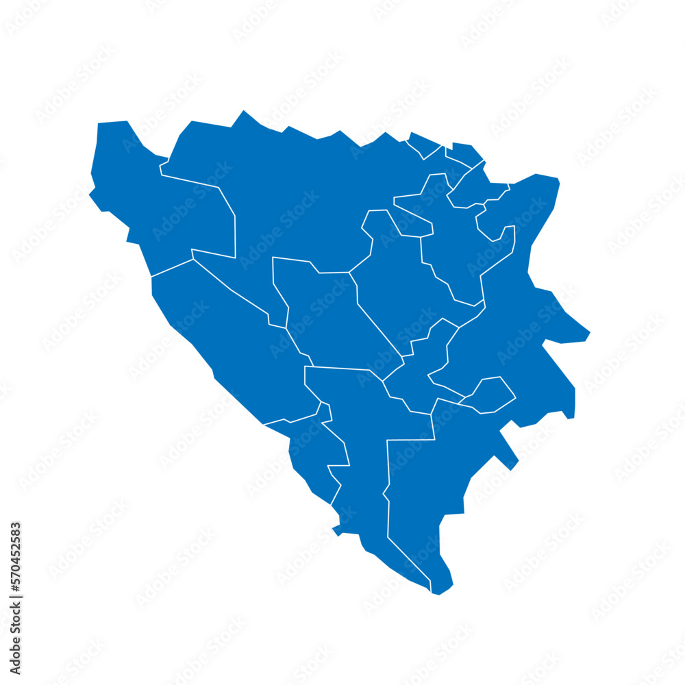 Bosnia and Herzegovina political map of administrative divisions - cantons of Federation of Bosnia and Herzegovina and Republika Srpska. Solid blue blank vector map with white borders.