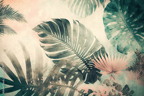 Tropics on the texture on a watercolor background, vintage style in pastel colors, photo wallpaper, christmas, tree, decoration, pine, branch, xmas, nature, leaf, holiday, fir, vintage, celebration,