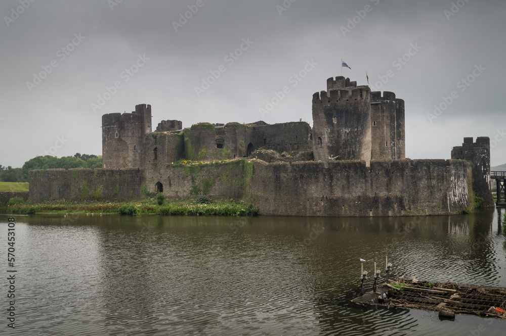 Caerphilly fortress in cloudy sky, Wales