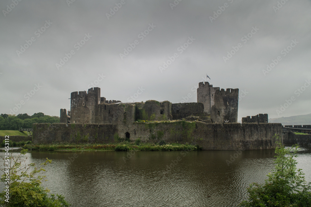 Caerphilly fortress in cloudy sky, Wales