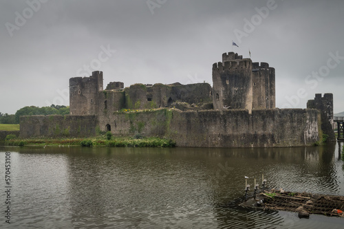 Caerphilly fortress in cloudy sky  Wales