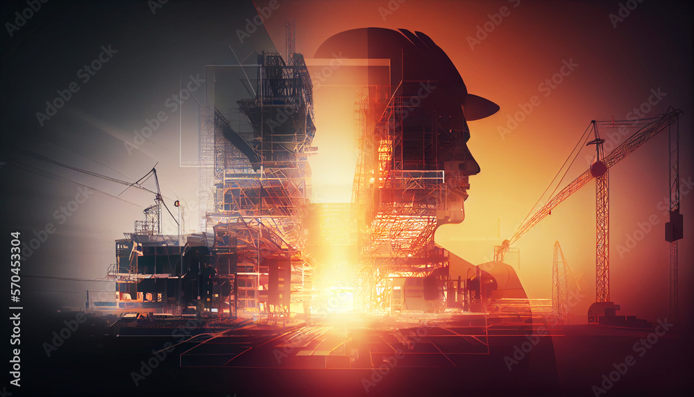 illustration digital building construction engineering with double exposure graphic design. Building engineers, architect people, or construction workers working. Generative AI  - obrazy, fototapety, plakaty 
