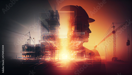 Canvas Print illustration digital building construction engineering with double exposure graphic design
