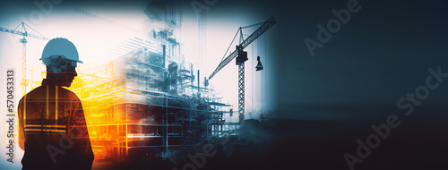 illustration digital building construction engineering with double exposure graphic design. Building engineers, architect people, or construction workers working. Generative AI  photo