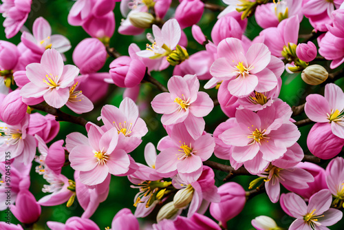 Beautiful pink spring tree blossoms closeup. Generative AI illustration