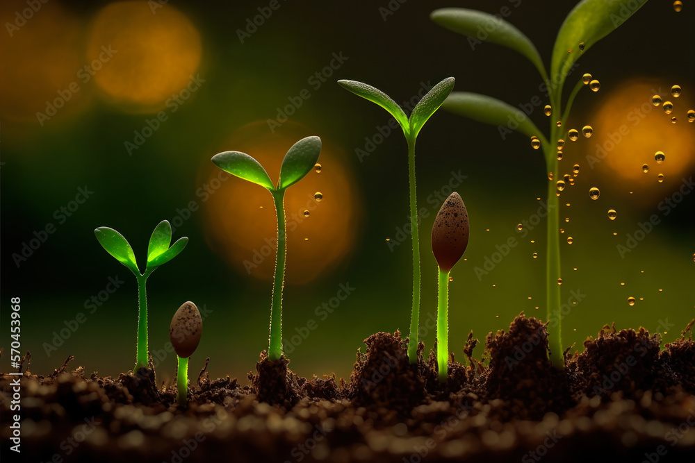 close up of tiny green seedlings sprouting in the ground forming a ...
