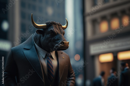 a bull dressed in a business suit on wall street, Generative AI