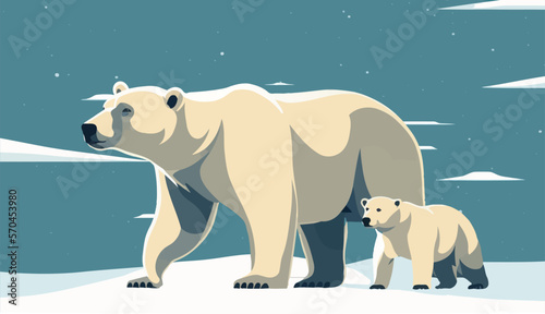 The white bear and her cub bear walks through the snow. Mother and child. The glacier, snow-covered plains. Starry night in the North. Landscapes of the Arctic. Vector illustration