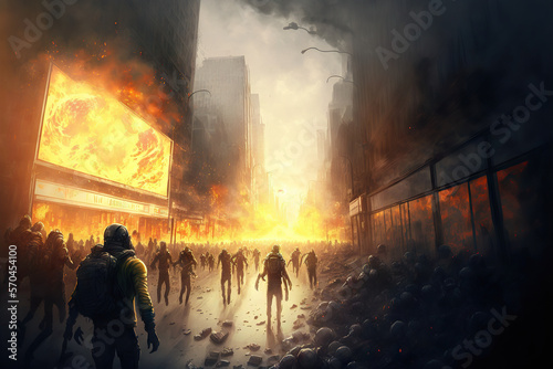 zombies running in a destroyed burning city, Generative AI