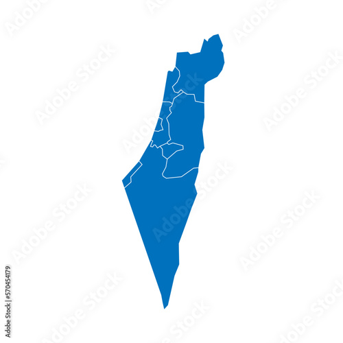 Israel political map of administrative divisions - districts, Gaza Strip and Judea and Samaria Area. Solid blue blank vector map with white borders.