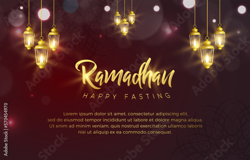happy fasting ramadan kareem illustration with beautiful shiny luxury islamic ornament and abstract gradient dark red background design