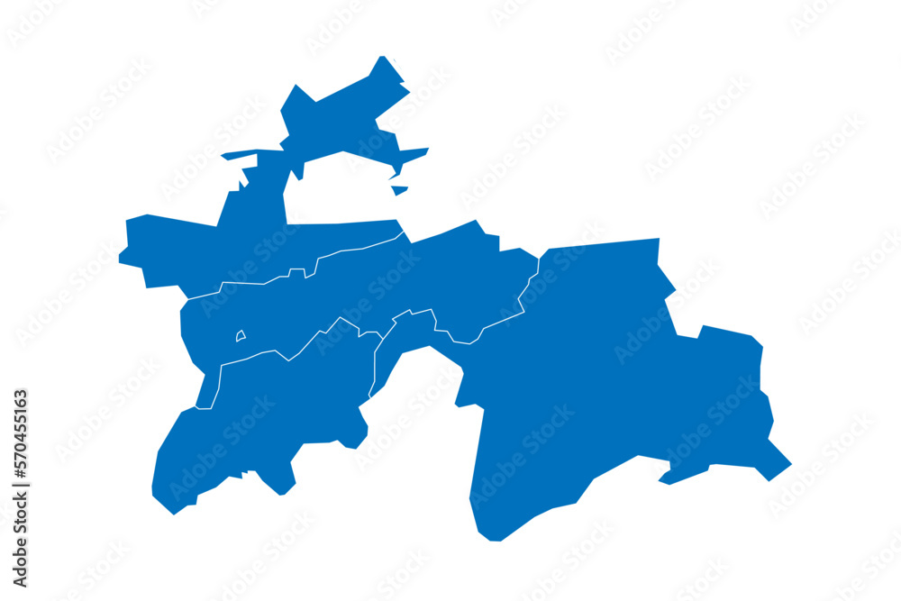 Tajikistan political map of administrative divisions - regions, autonomous region of Gorno-Badakhshan, districts of Republican Subordination and capital city of Dushanbe. Solid blue blank vector map