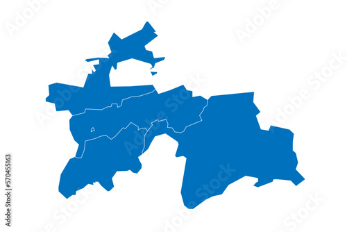Tajikistan political map of administrative divisions - regions, autonomous region of Gorno-Badakhshan, districts of Republican Subordination and capital city of Dushanbe. Solid blue blank vector map