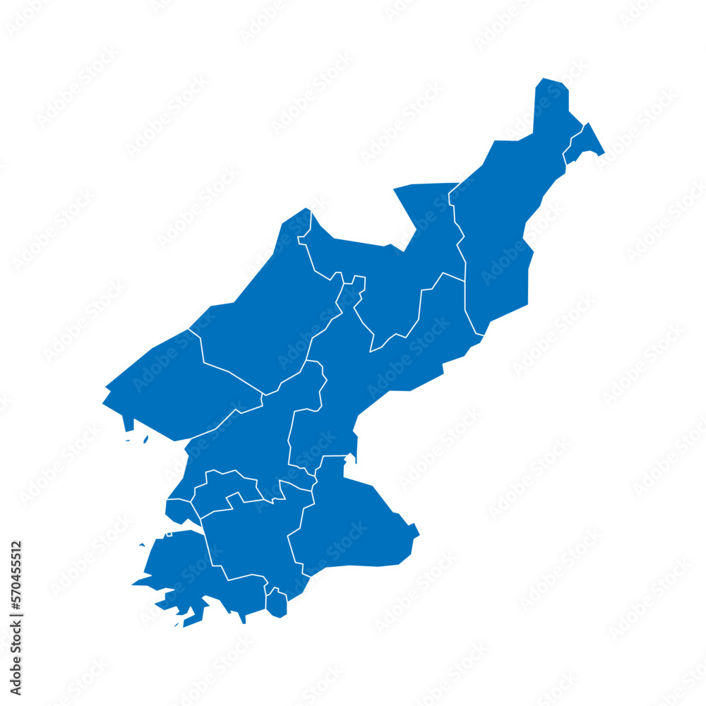 North Korea political map of administrative divisions - provinces. Solid blue blank vector map with white borders.