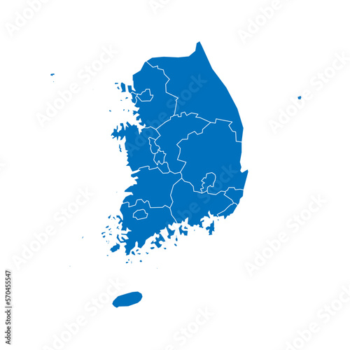 South Korea political map of administrative divisions - provinces, metropolitan cities, special city of Seolu and special self-governing cities of Sejong. Solid blue blank vector map with white
