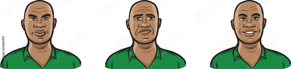african american man face three expressions isolated user profile avatar heads - PNG image with transparent background