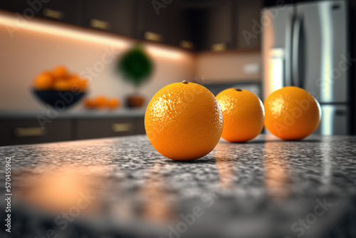 Oranges Fruit In Texture Table Top On Blurred Kitchen Background. Generative AI.