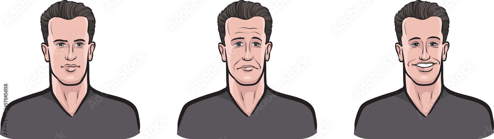 handsome man face three expressions isolated user profile avatar heads - PNG image with transparent background