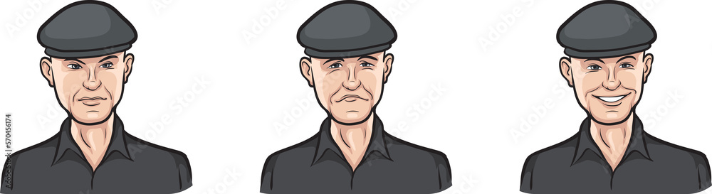 man in cap face three expressions isolated user profile avatar heads - PNG image with transparent background