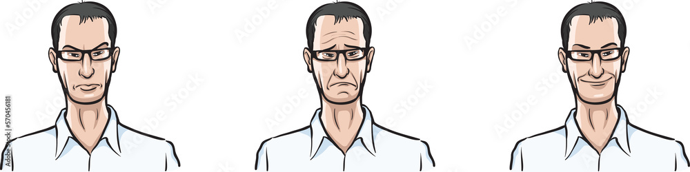 man in shirt face three expressions isolated user profile avatar heads - PNG image with transparent background