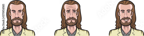 long haired bearded man face three expressions isolated user profile avatar heads - PNG image with transparent background