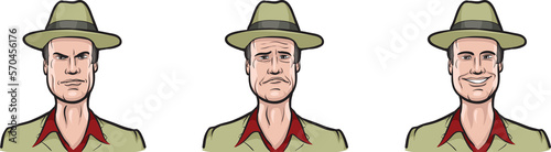 man in hat face three expressions isolated user profile avatar heads - PNG image with transparent background