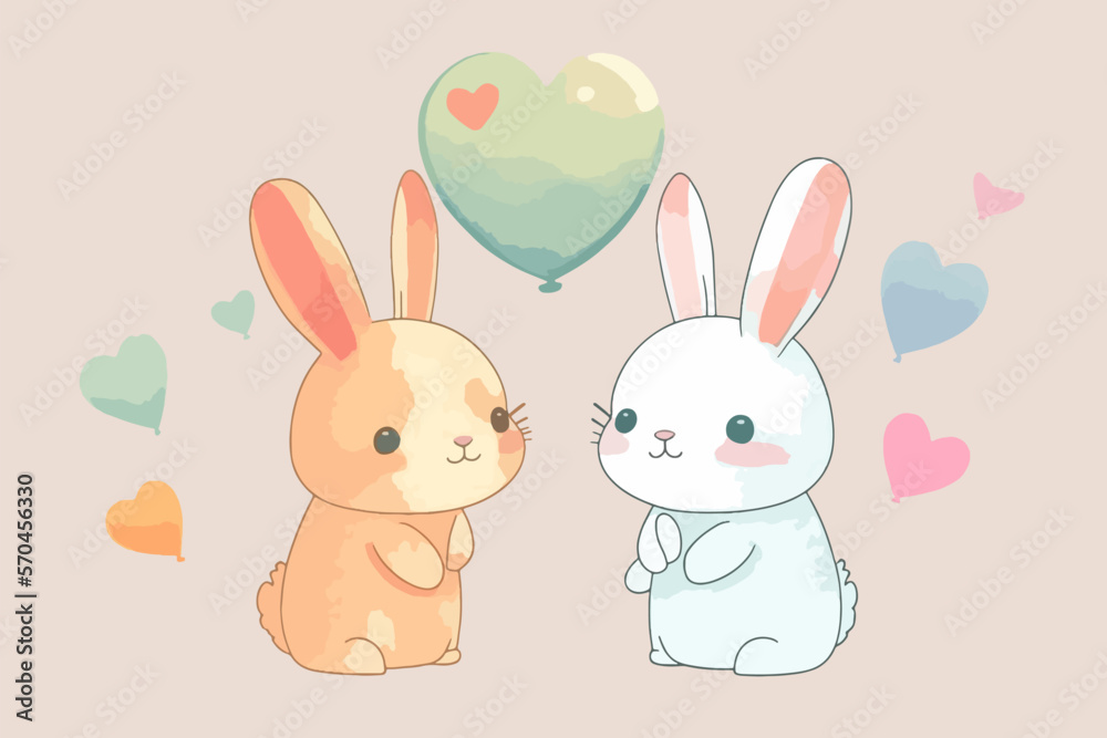Draw vector character design cute rabbit holding balloon for Valentine's day. Doodle cartoon style. Draw vector character design cute rabbit holding balloon for Valentine's day. Doodle cartoon style.