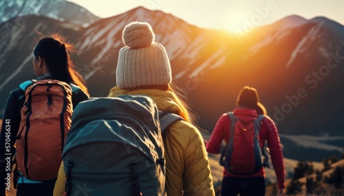 Group tourists of hiker sporty people walks in mountains at sunset with backpacks. Concept adventure with copy space. Generation AI