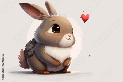 Cute cartoon word Love with a  rabbit holding a heart. Vector illustration with an animal on a white background with hearts.