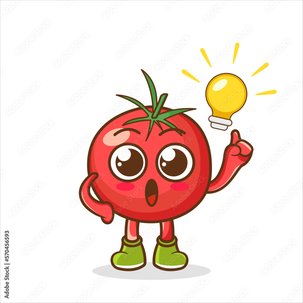 Fototapeta premium Have an Idea Happy Tomato Character Cartoon Mascot. Happy Tomato Pointing Finger Up at The Light Bulb