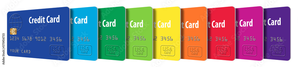 Credit cards are seen in a rainbow of spectrum colors. Stock ...