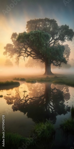 An enchanted old oak tree stands tall amidst the misty dawn, overlooking a serene natural pond. Generative AI © sp3n