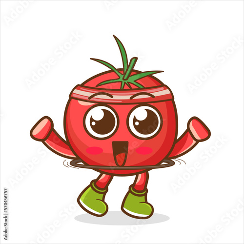 cute tomatoes cartoon is playing hula hoop. Tomato rotates the hula hoop on white background. Sport concept.