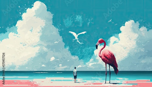 Flamingo and man on the beach. Digital illustration, generative ai